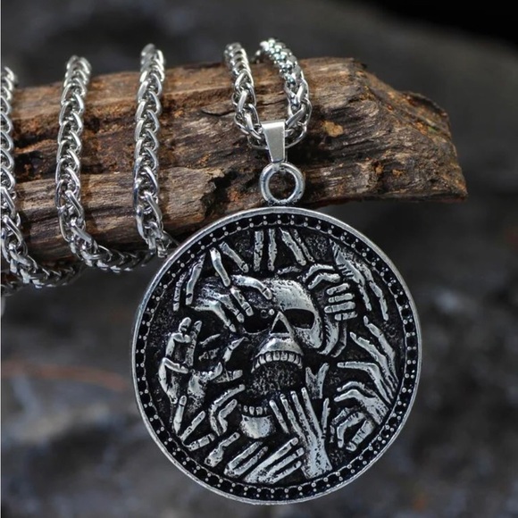 “Undead” Skull Skeleton Zombie Hands Creepy Spooky Medallion Goth Punk Necklace - Picture 4 of 5